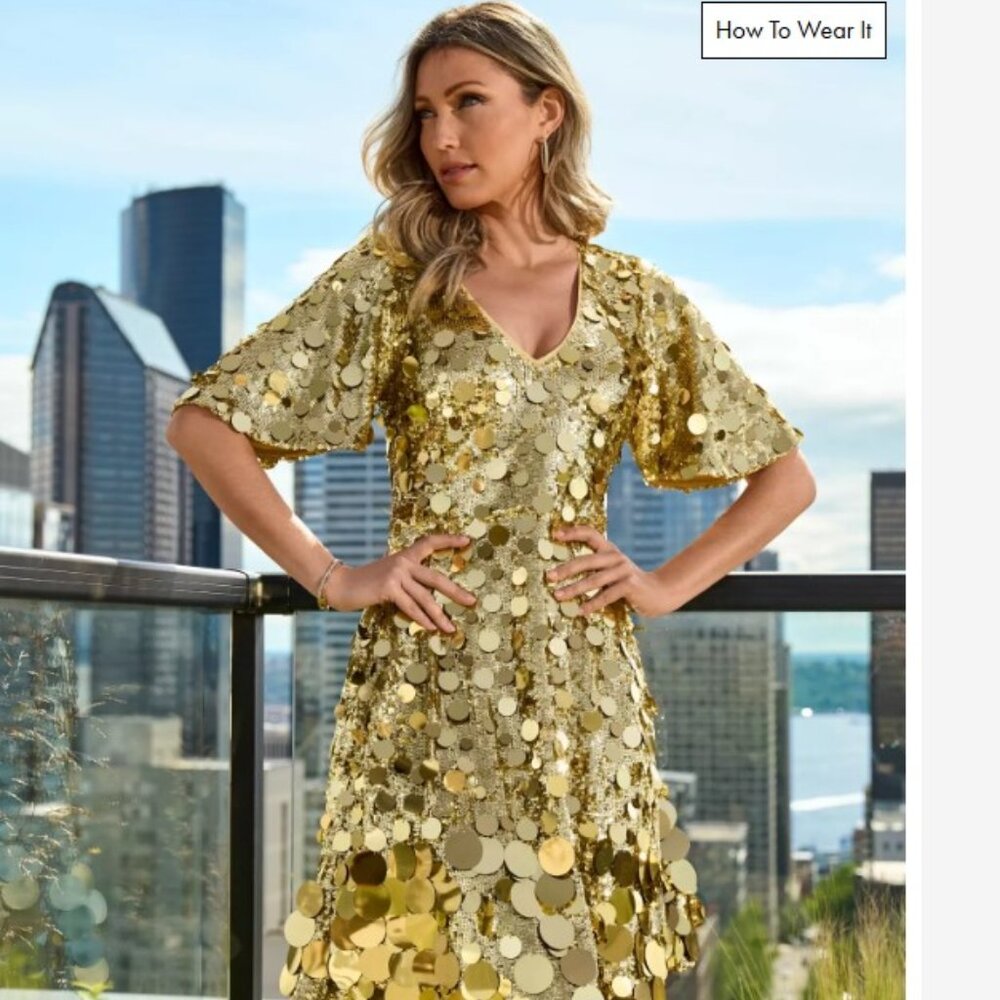 NWT Boston Proper Effortless Glamour Paillette Gold Sequin A-Line Dress